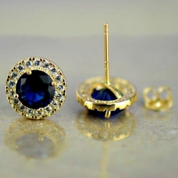 Solid 14K Yellow Gold Round Halo Push Back Earrings with Sparkling Birthstone - Picture 11 of 15